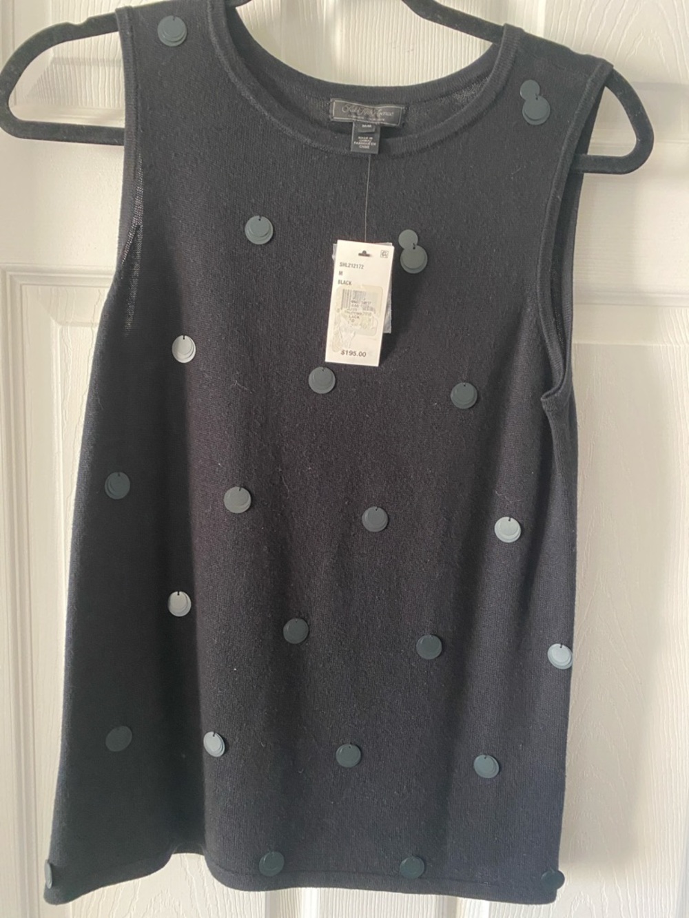 Black Sleeveless Knit Top with Glossy Dot Accents cashmere and silk.